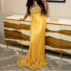 Elegant Gold Embroidered Evening Gown